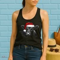 Angus Rancher Christmas Cow Santa Hat Black Women's Tank Top thumb 2