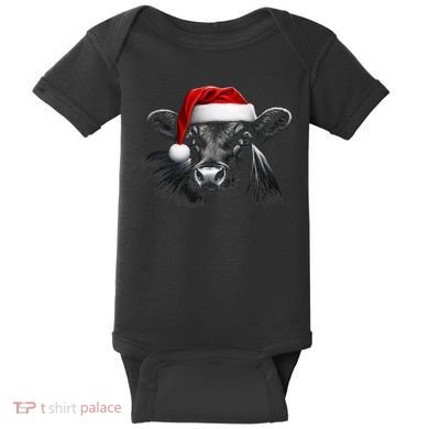 Angus Rancher Christmas Cow Santa Hat Black Baby Bodysuit