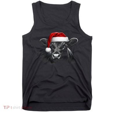 Angus Rancher Christmas Cow Santa Hat Black Tank Top