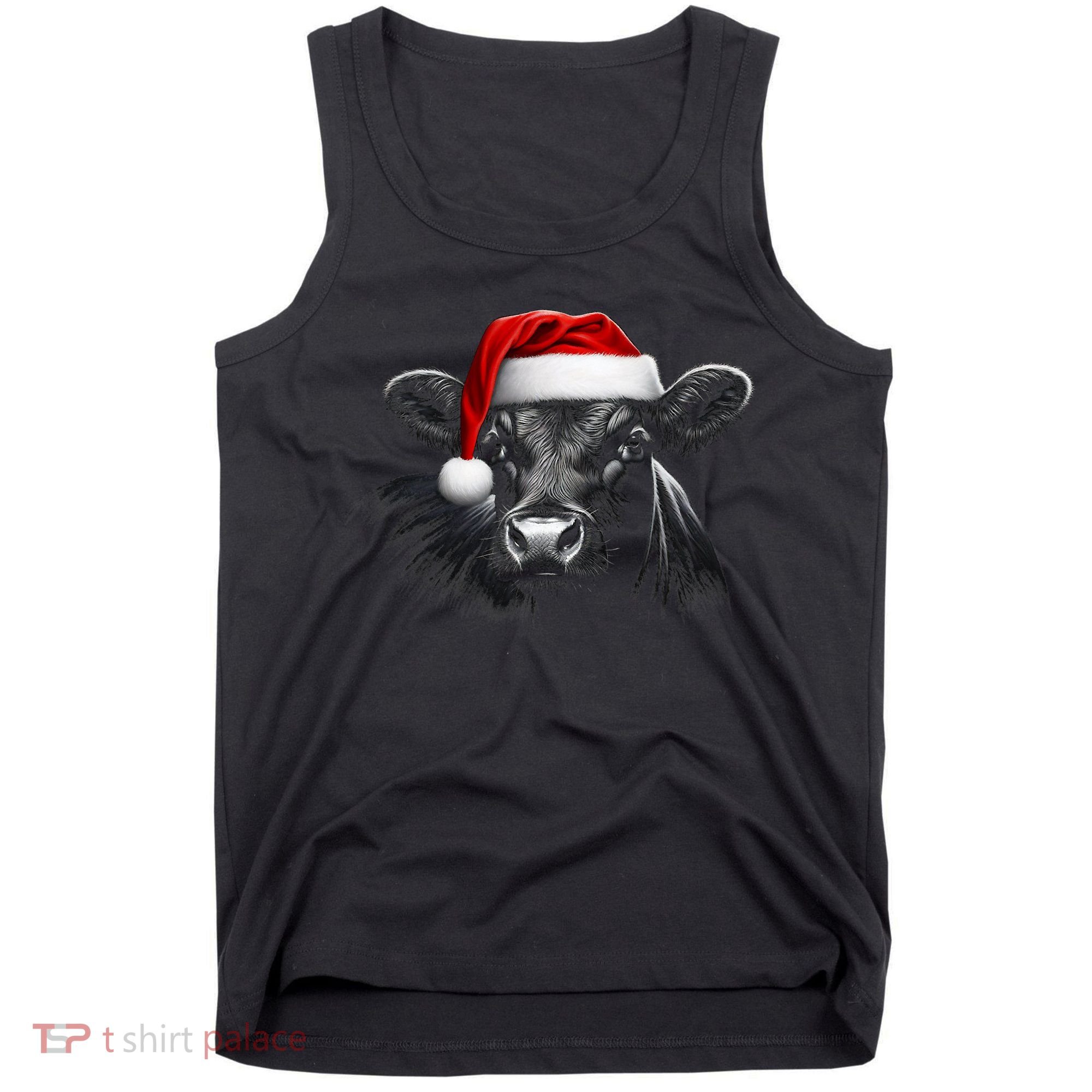 Angus Rancher Christmas Cow Santa Hat Black Tank Top