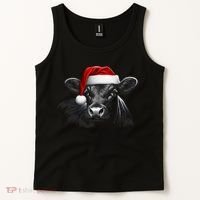 Angus Rancher Christmas Cow Santa Hat Black Tank Top thumb 2