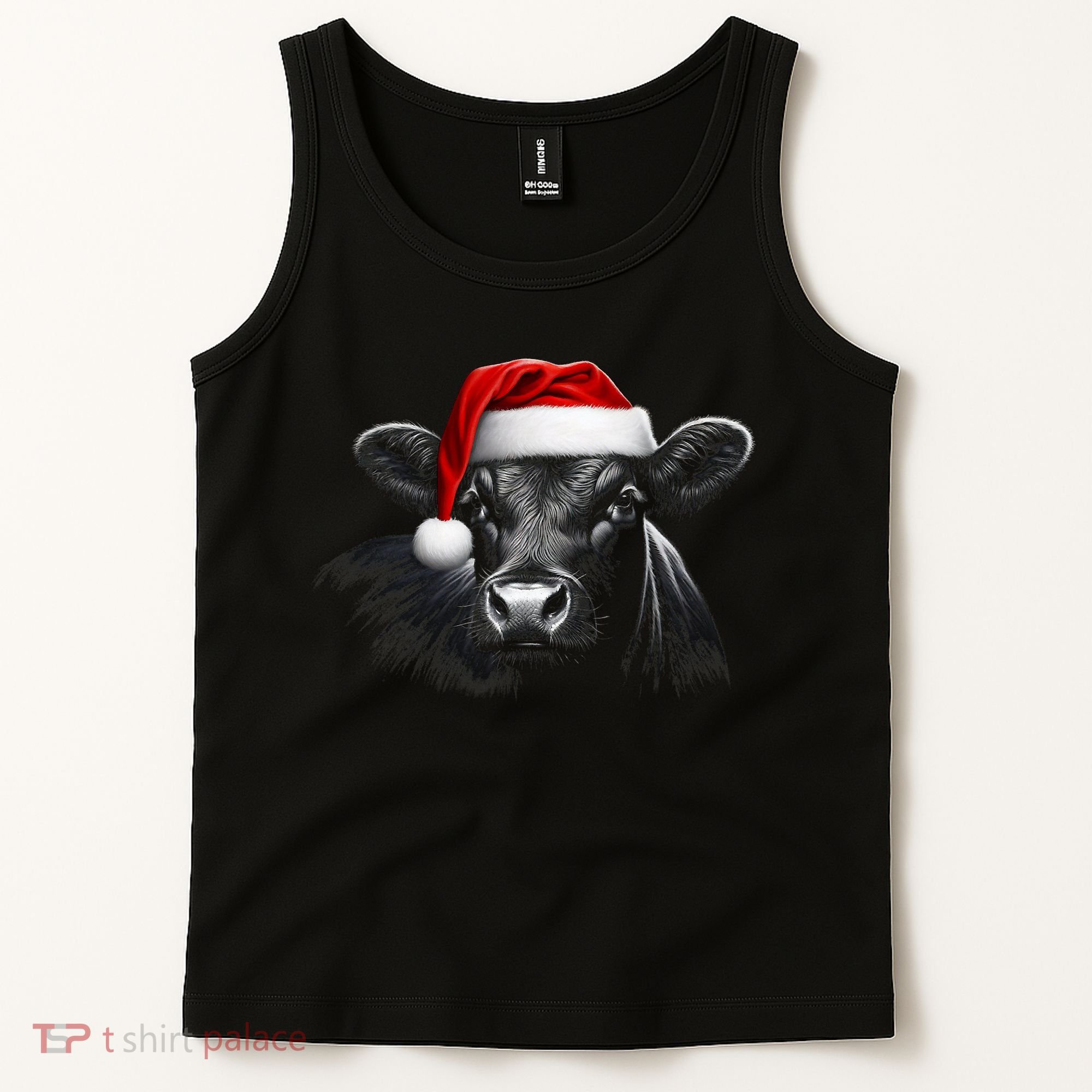 Angus Rancher Christmas Cow Santa Hat Black Tank Top
