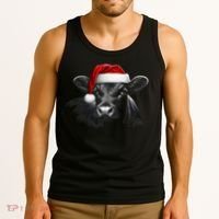 Angus Rancher Christmas Cow Santa Hat Black Tank Top thumb 3