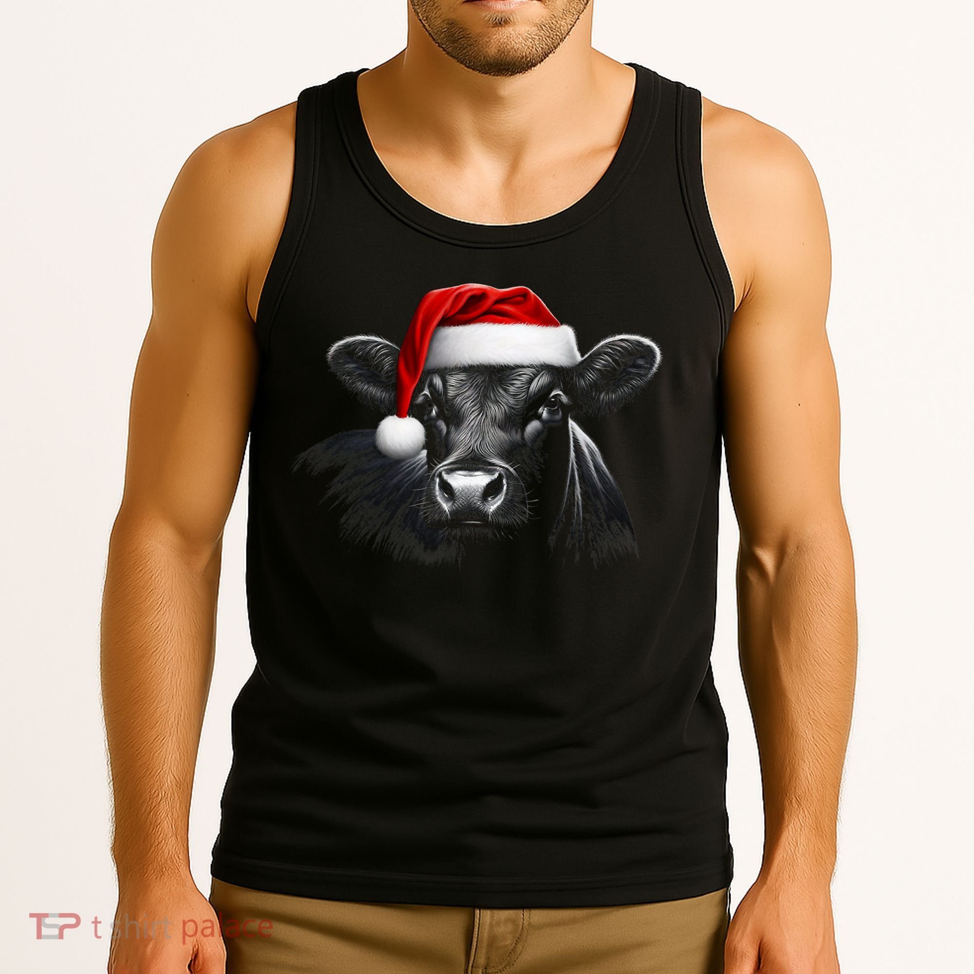 Angus Rancher Christmas Cow Santa Hat Black Tank Top