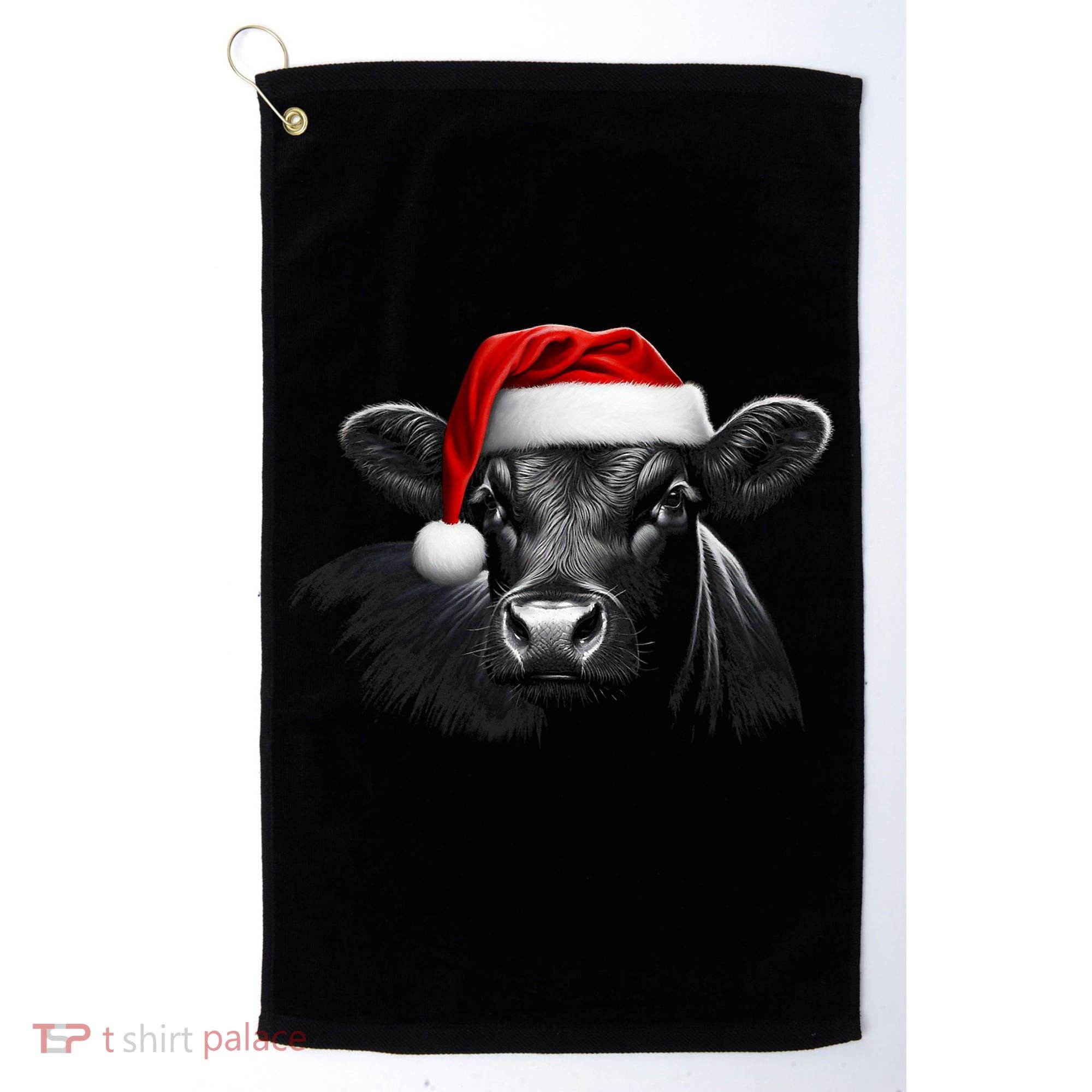 Angus Rancher Christmas Cow Santa Hat Black Golf Towel
