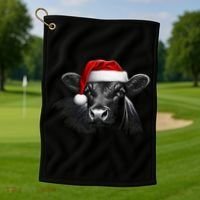 Angus Rancher Christmas Cow Santa Hat Black Golf Towel thumb 1