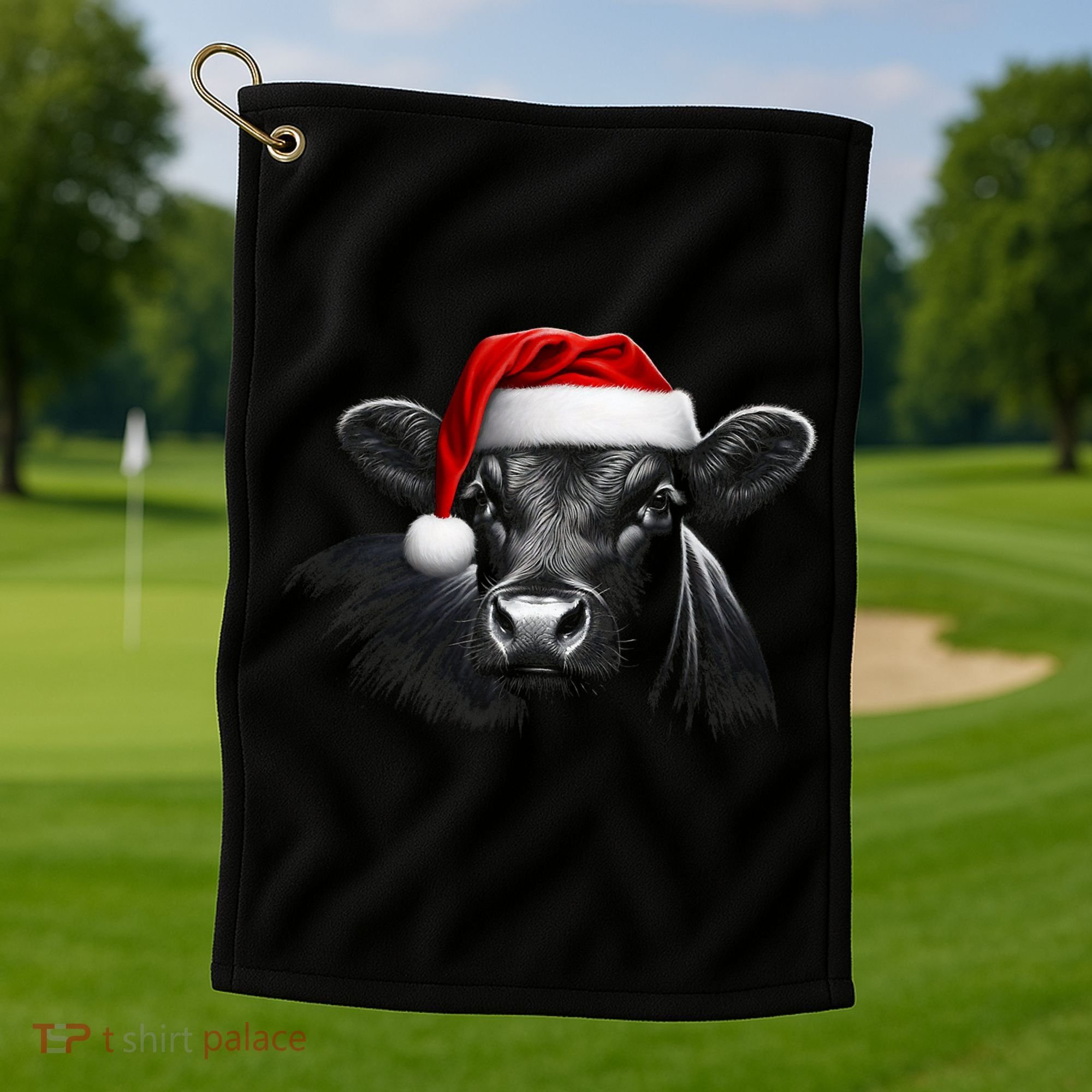 Angus Rancher Christmas Cow Santa Hat Black Golf Towel