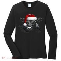 Angus Rancher Christmas Cow Santa Hat Black Women's Long Sleeve Shirt thumb 0