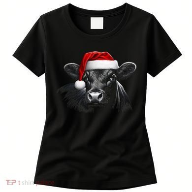 Angus Rancher Christmas Cow Santa Hat Black Women's T-Shirt