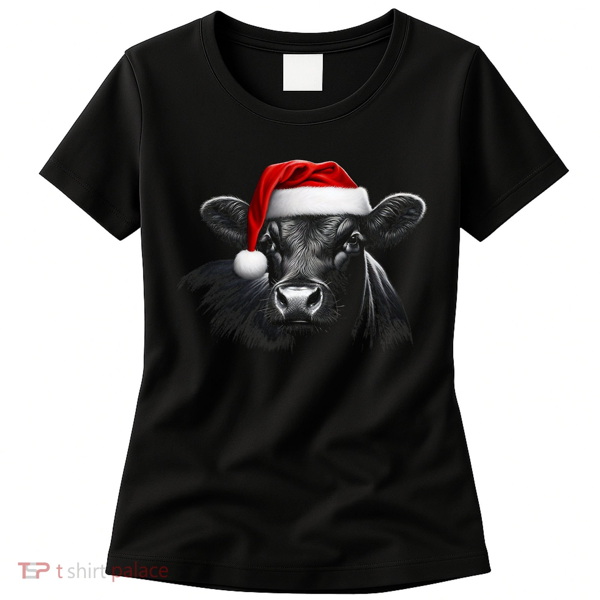 Angus Rancher Christmas Cow Santa Hat Black Women's T-Shirt
