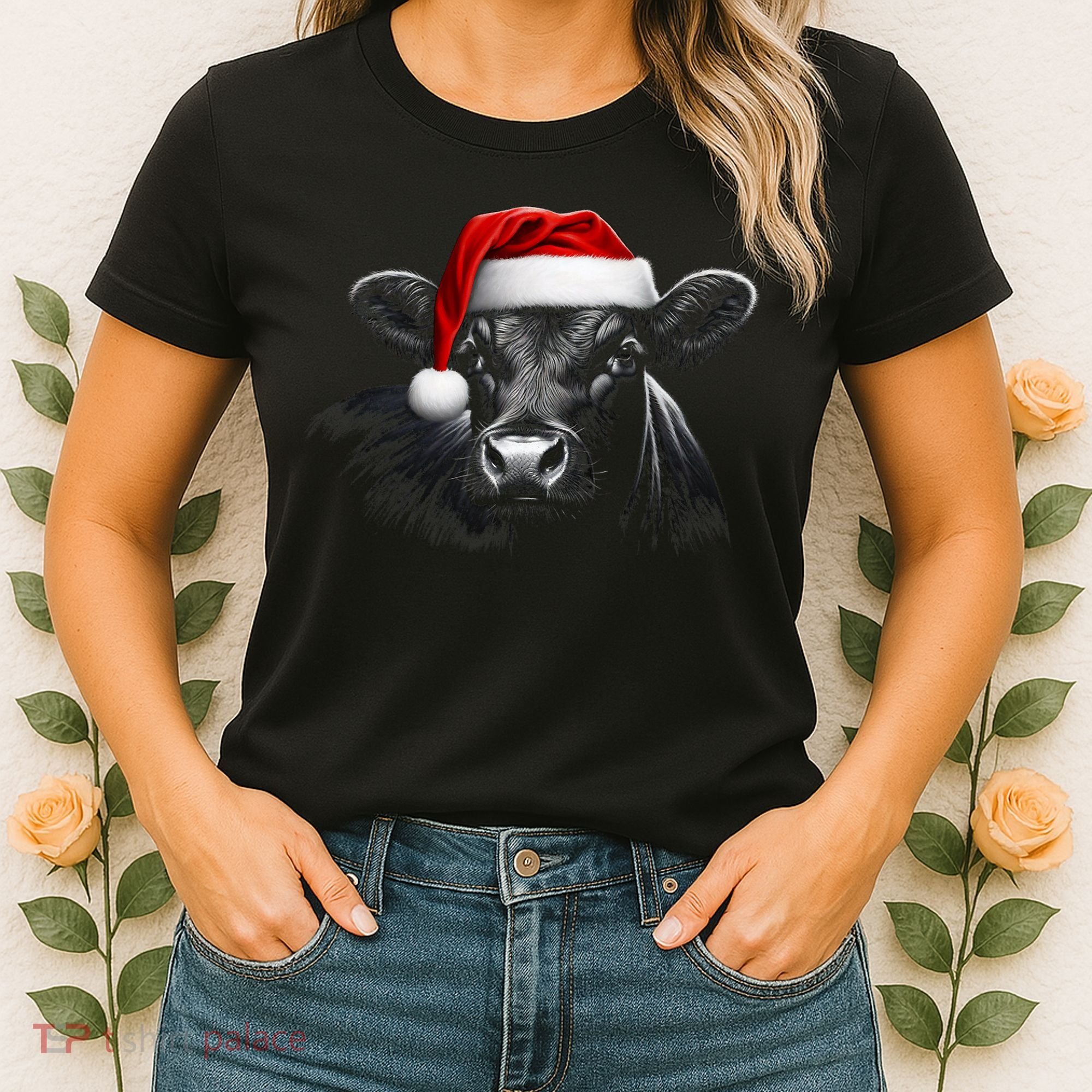 Angus Rancher Christmas Cow Santa Hat Black Women's T-Shirt
