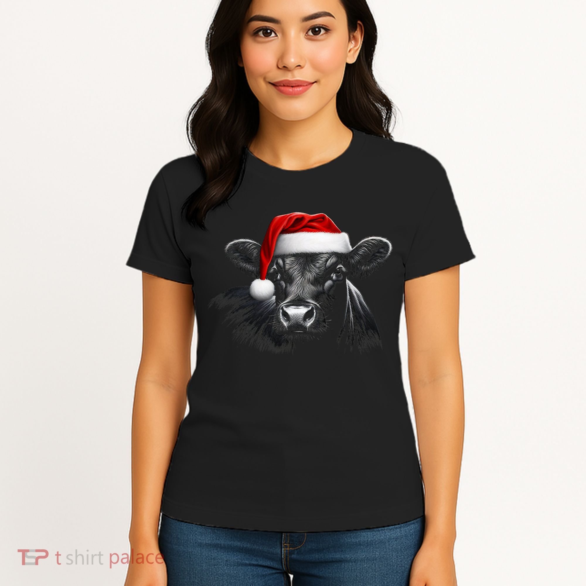 Angus Rancher Christmas Cow Santa Hat Black Women's T-Shirt