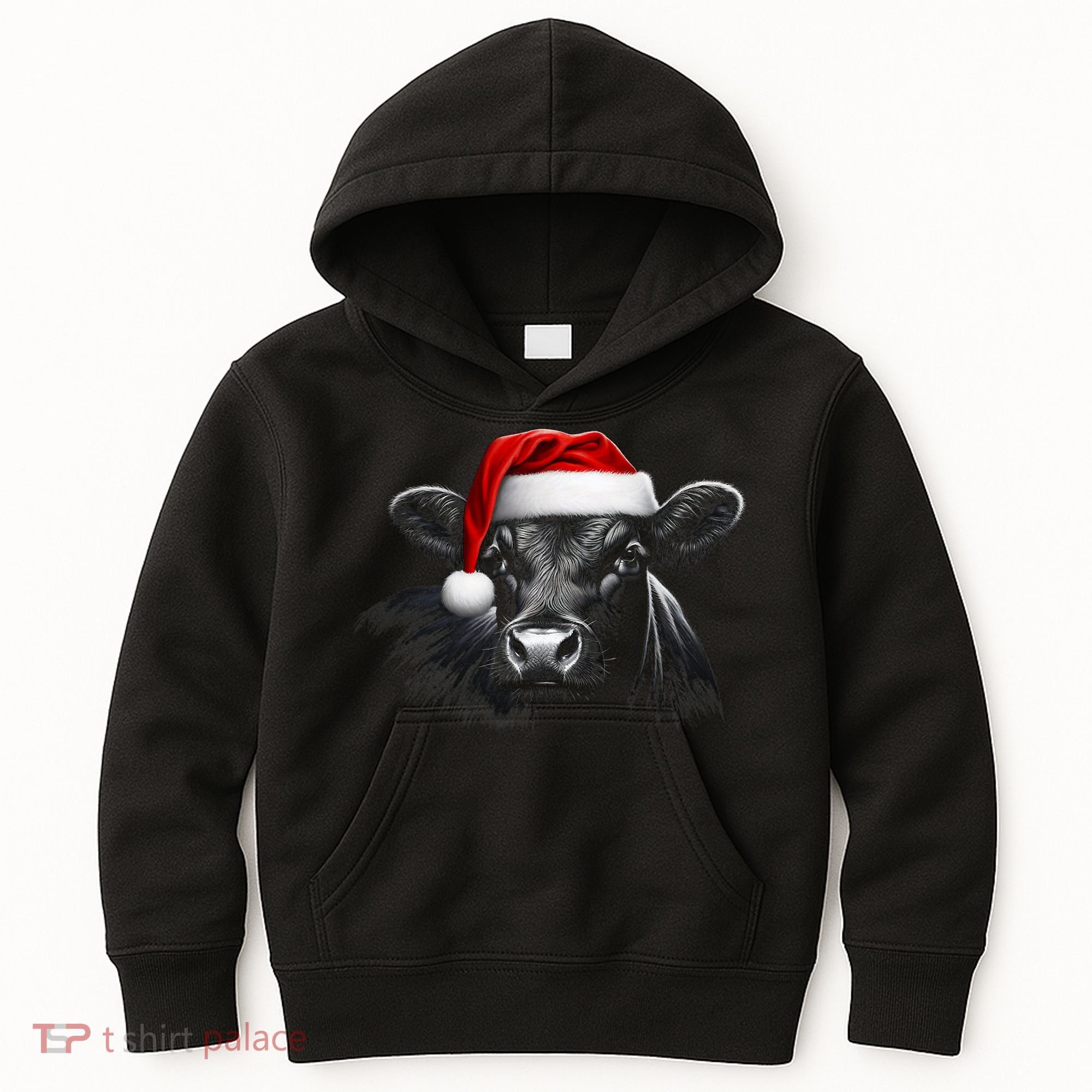 Angus Rancher Christmas Cow Santa Hat Black Kids Hoodie