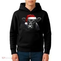 Angus Rancher Christmas Cow Santa Hat Black Kids Hoodie thumb 4