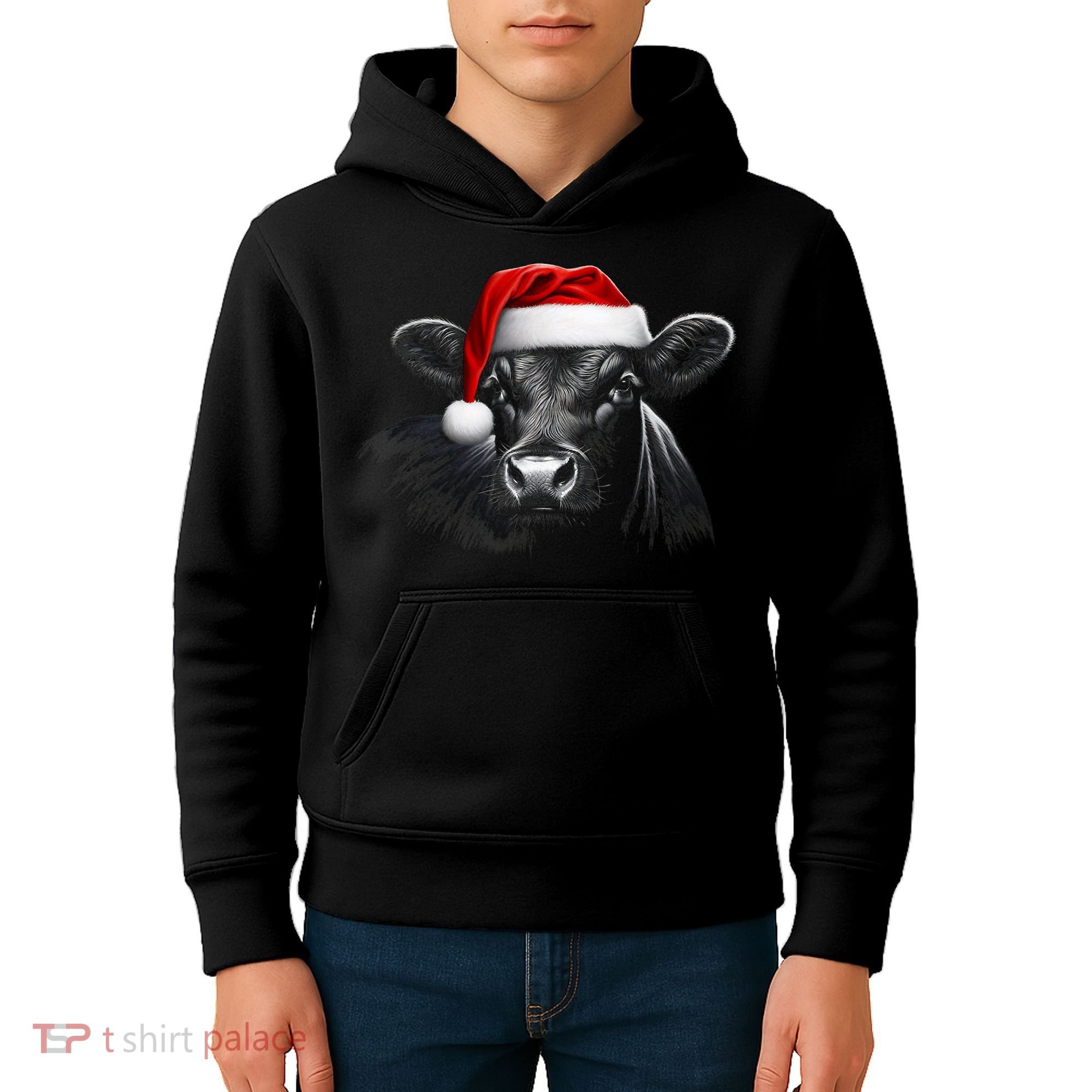 Angus Rancher Christmas Cow Santa Hat Black Kids Hoodie