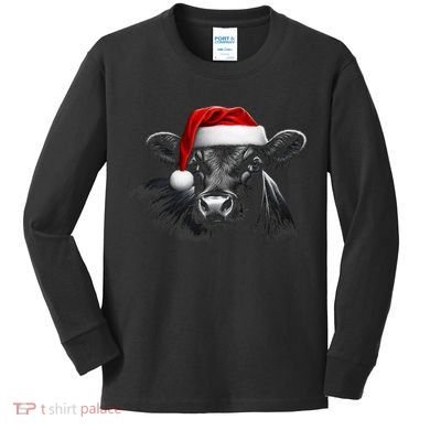 Angus Rancher Christmas Cow Santa Hat Black Kids Long Sleeve Shirt