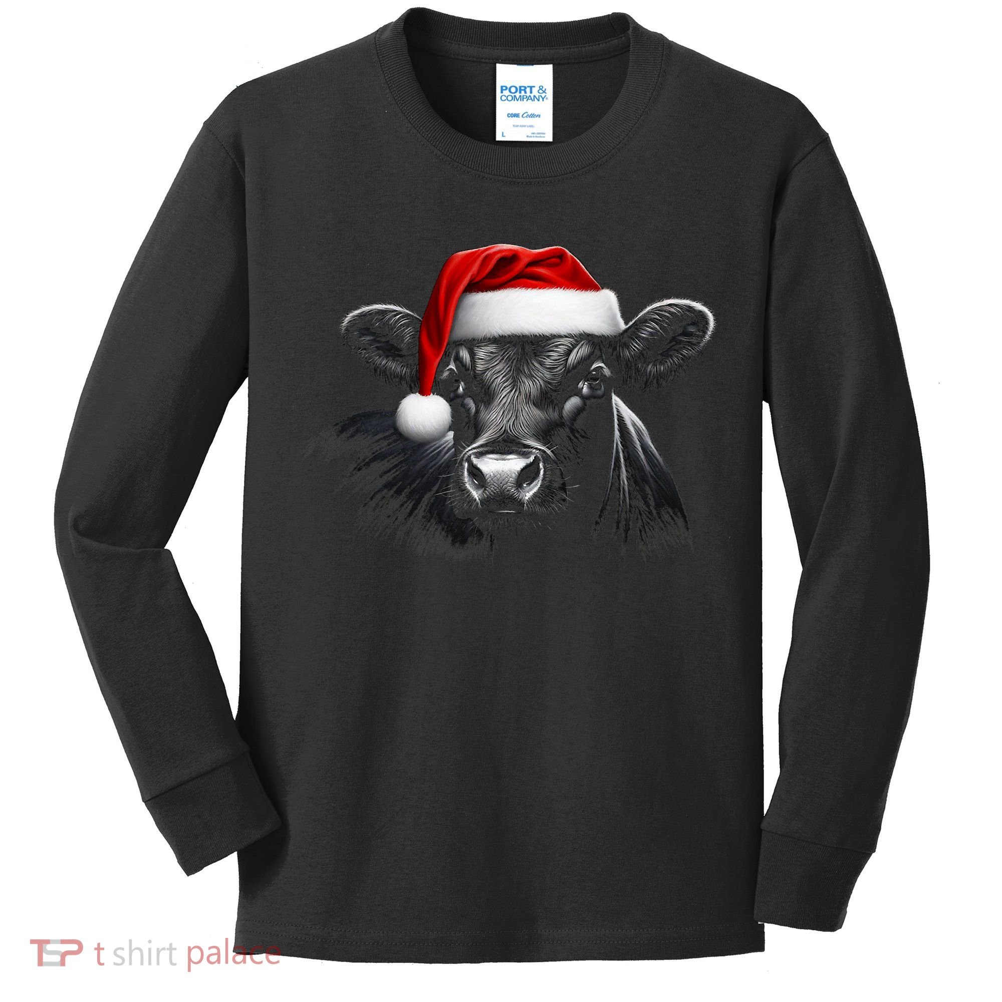 Angus Rancher Christmas Cow Santa Hat Black Kids Long Sleeve Shirt