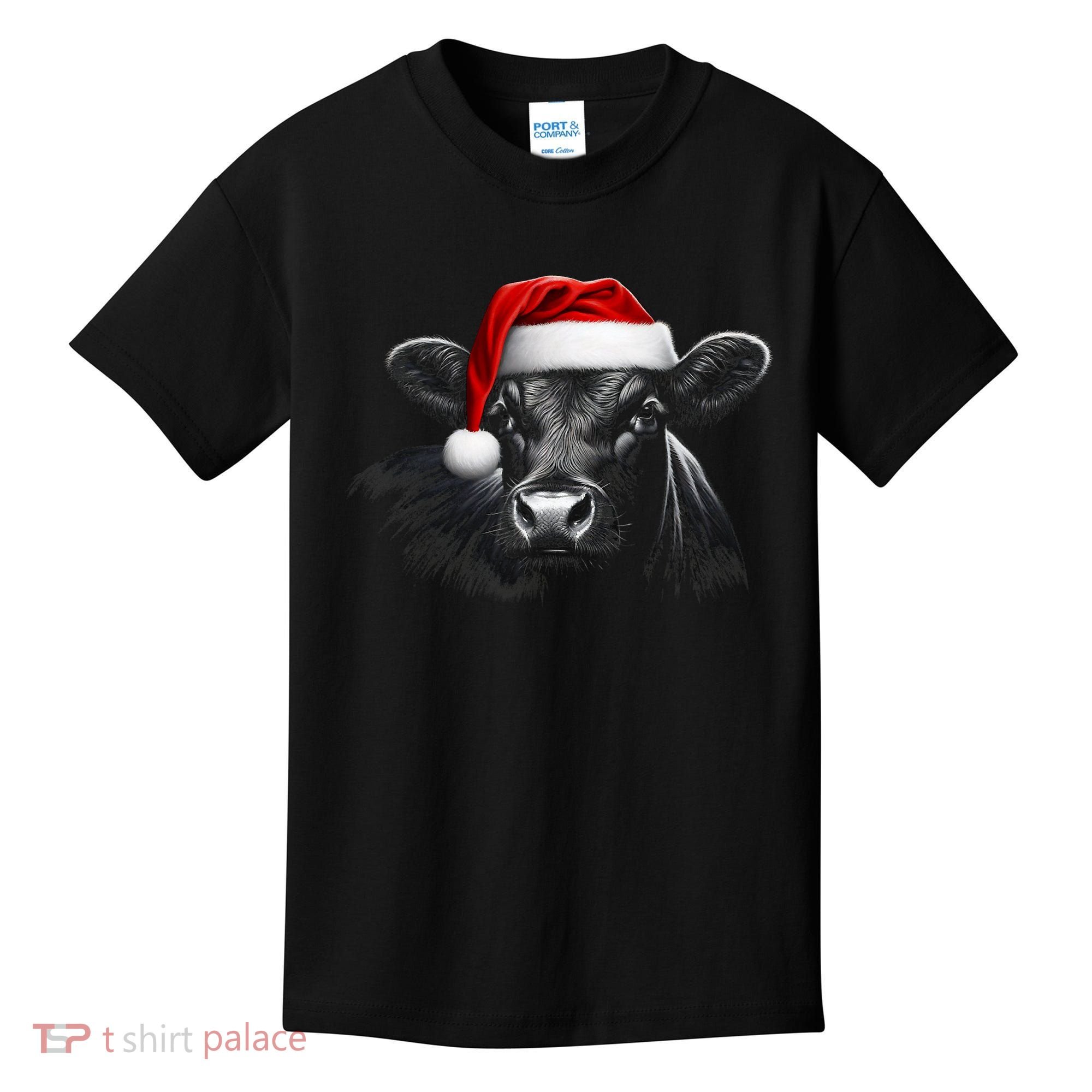 Angus Rancher Christmas Cow Santa Hat Black Kids T-Shirt