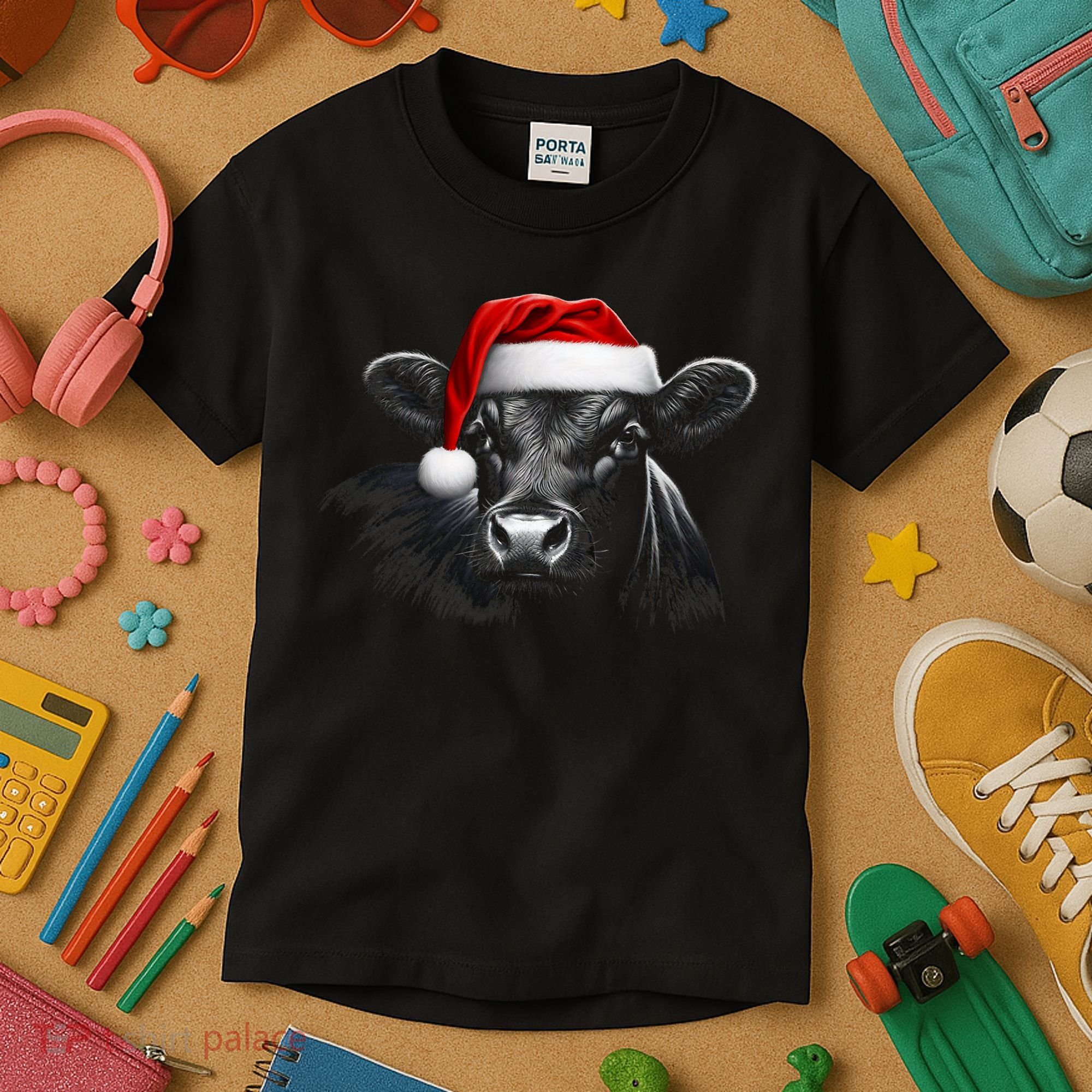 Angus Rancher Christmas Cow Santa Hat Black Kids T-Shirt