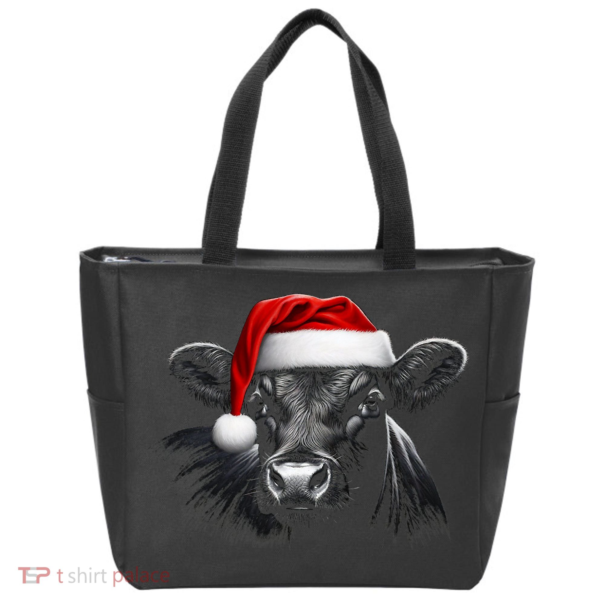 Angus Rancher Christmas Cow Santa Hat Black Tote Bag
