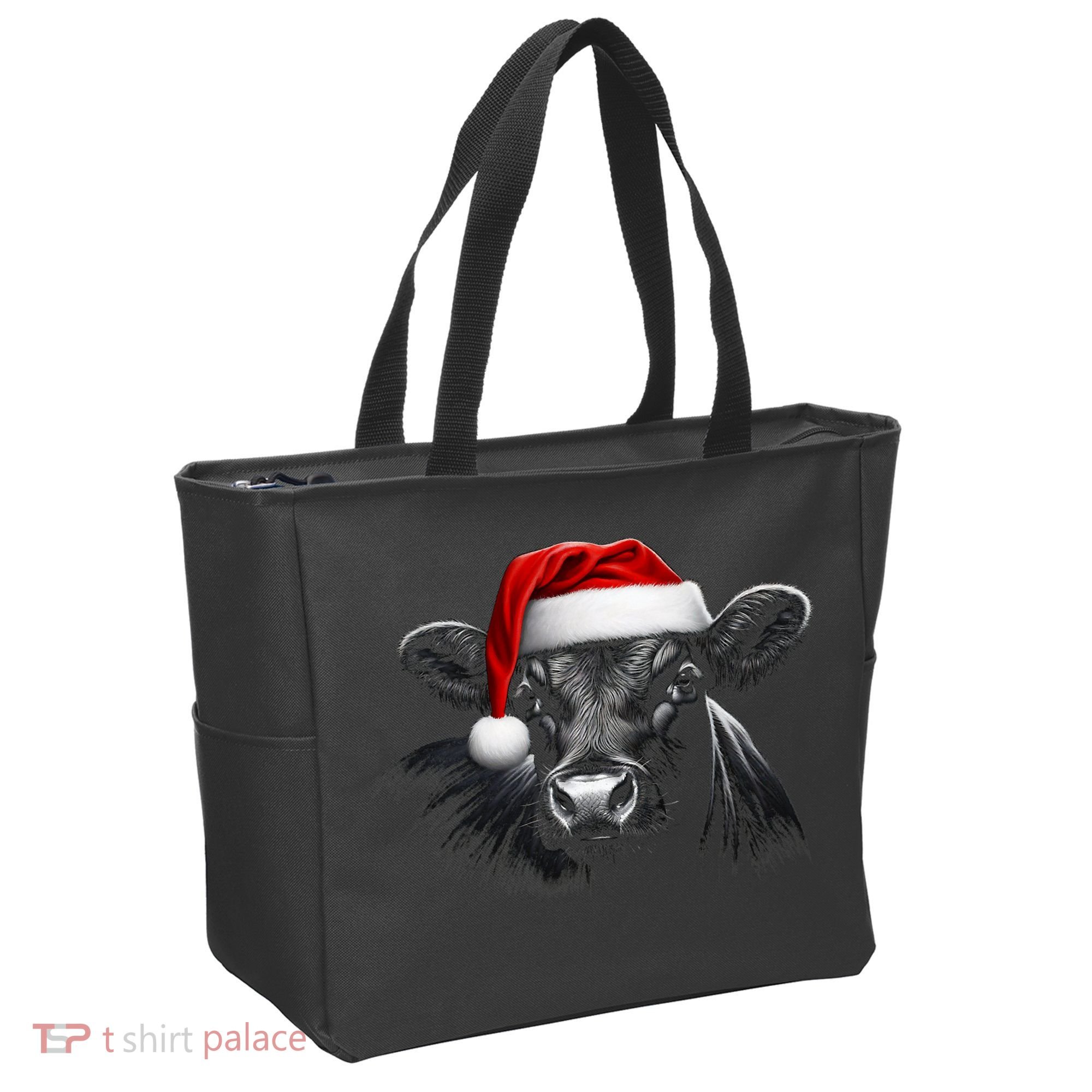 Angus Rancher Christmas Cow Santa Hat Black Tote Bag