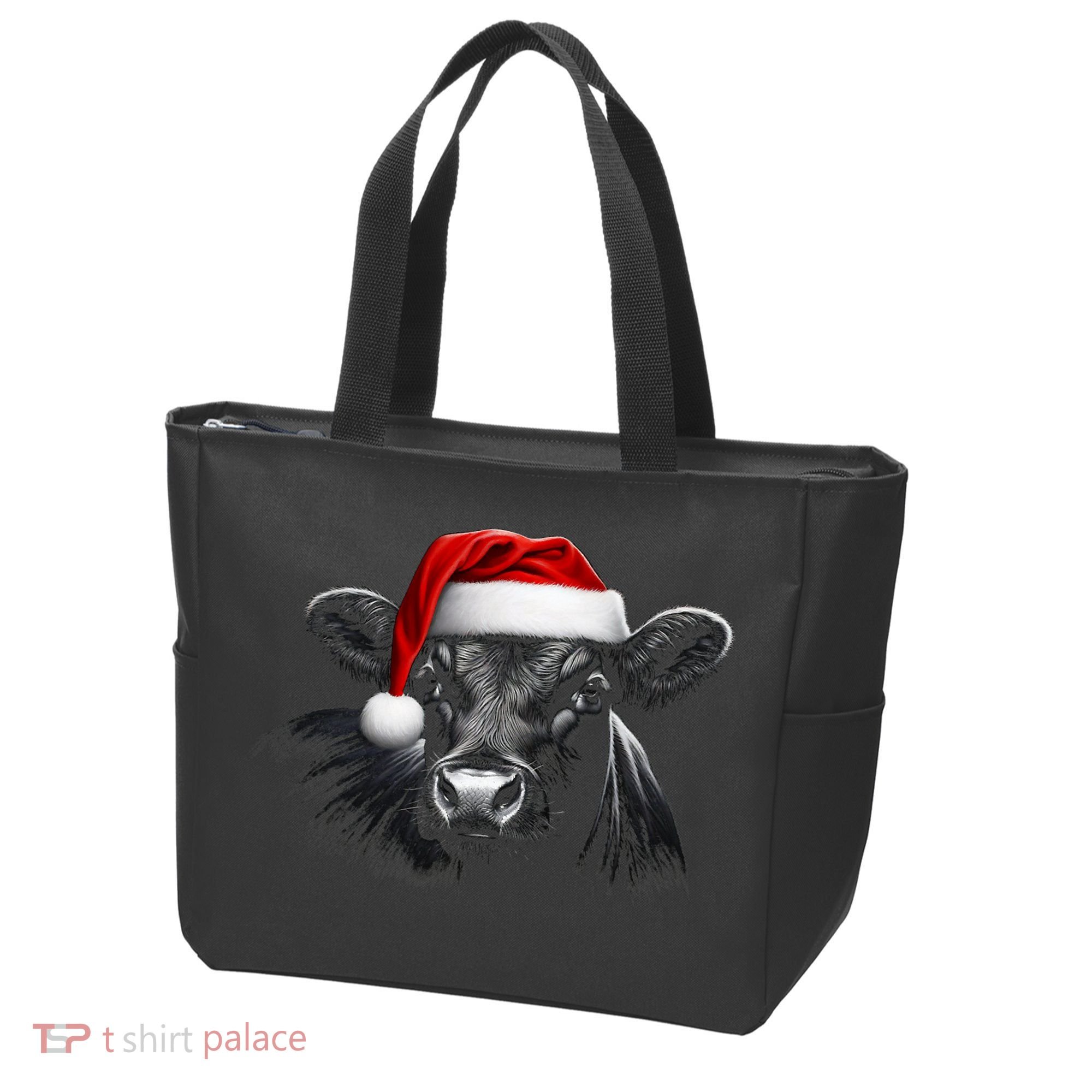 Angus Rancher Christmas Cow Santa Hat Black Tote Bag