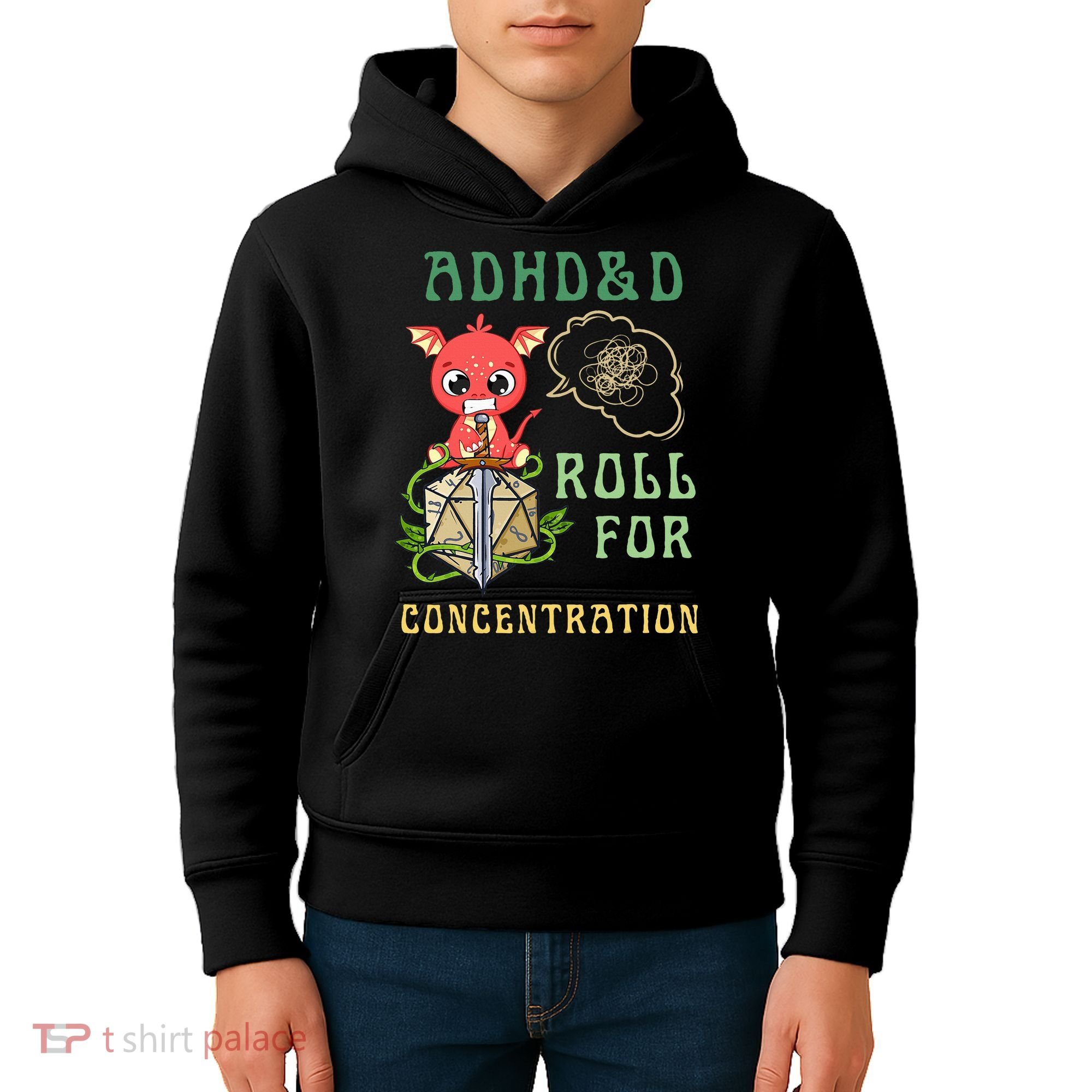 Adhd&D Roll For Concentration Funny Quote Gamer Apparel Kids Hoodie