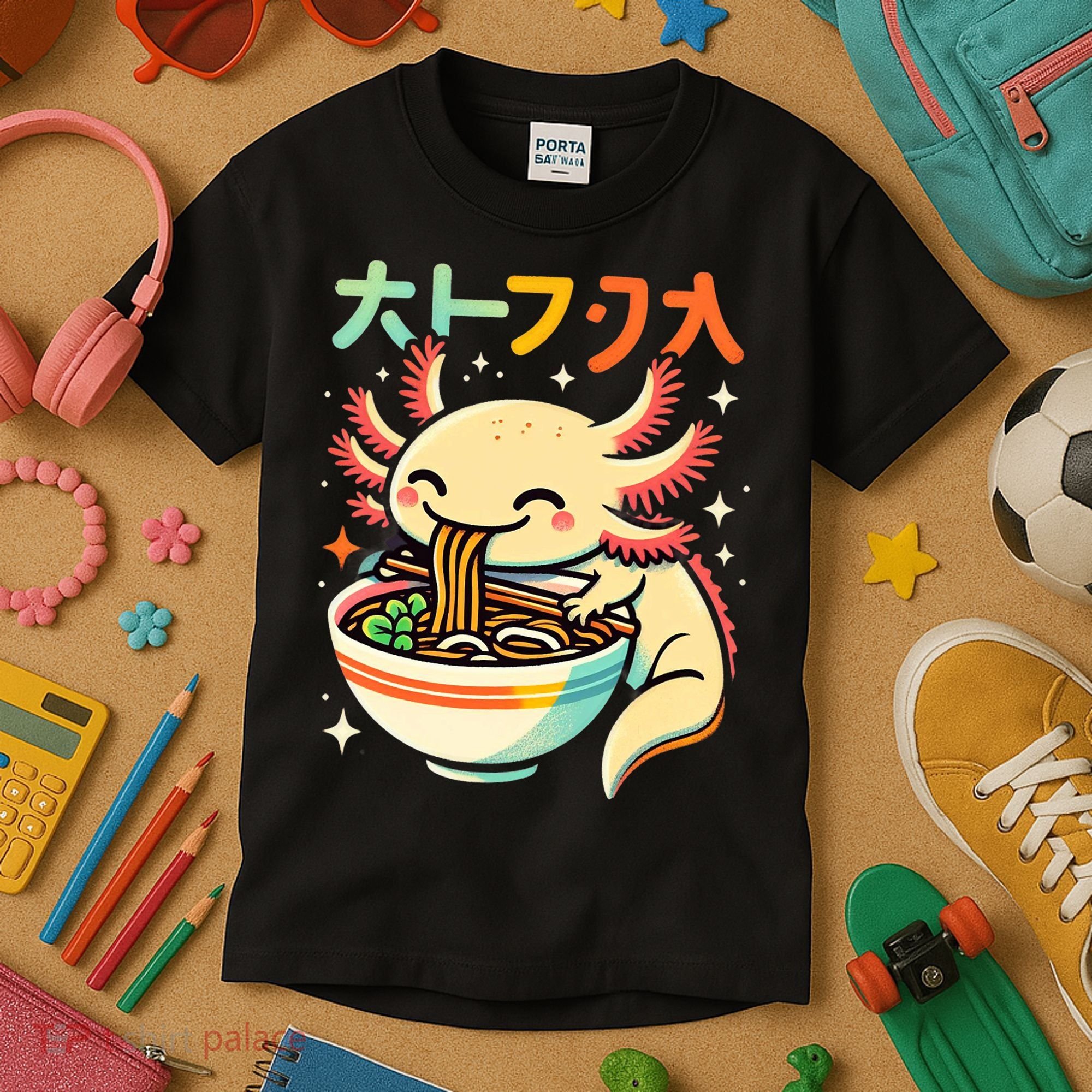 Axolotl Ramen Kawaii Neko Japanese Noodles Aesthetic Kids T-Shirt