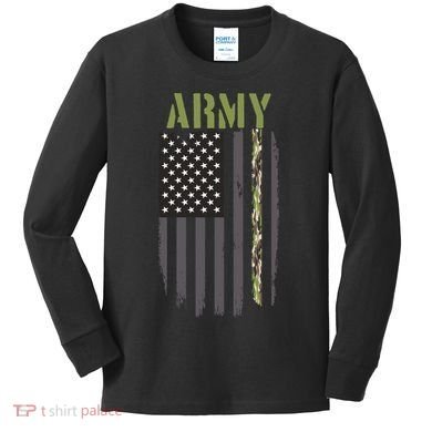 Army Veteran Thin Camo Line Flag Kids Long Sleeve Shirt