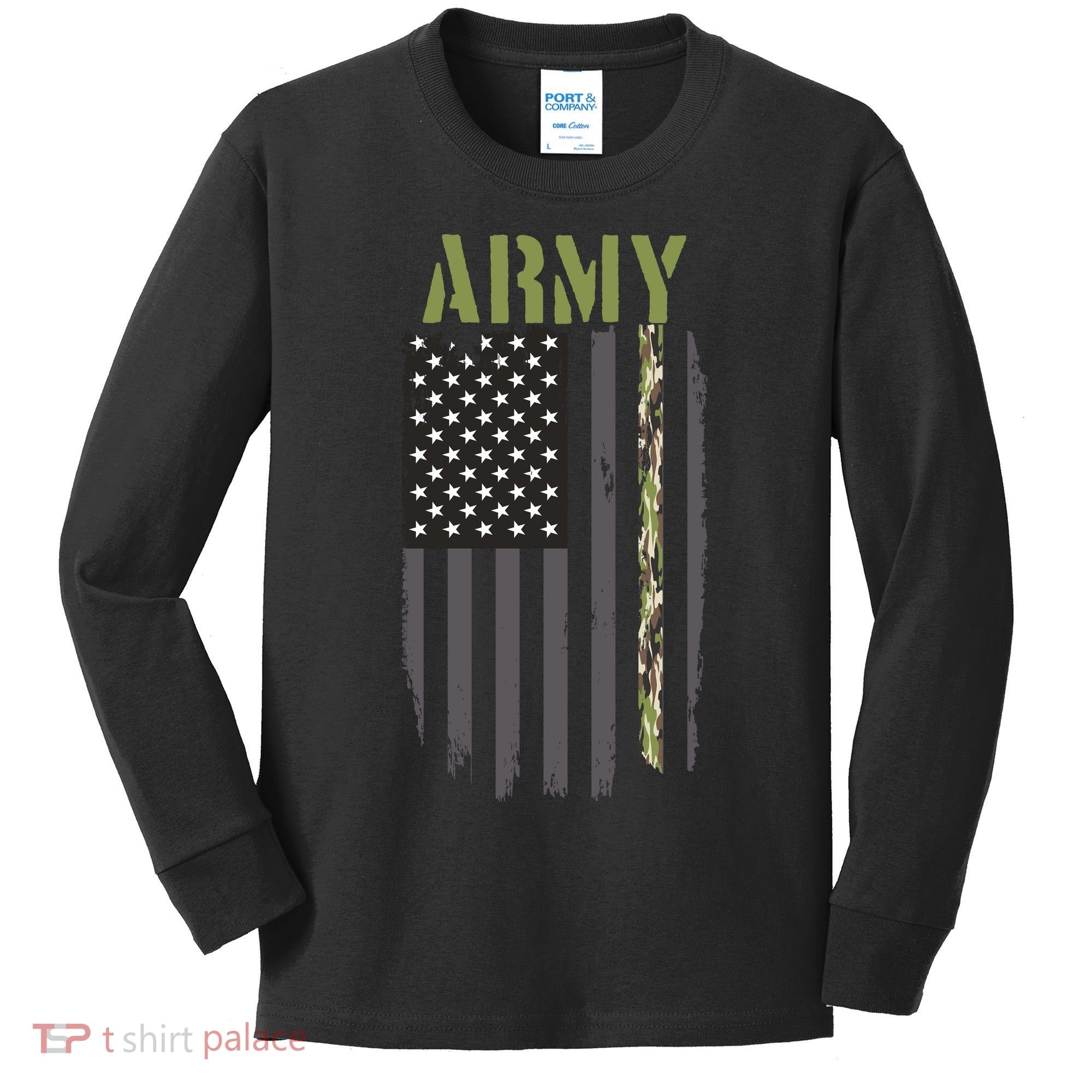 Army Veteran Thin Camo Line Flag Kids Long Sleeve Shirt