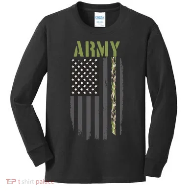 Army Veteran Thin Camo Line Flag Kids Long Sleeve Shirt