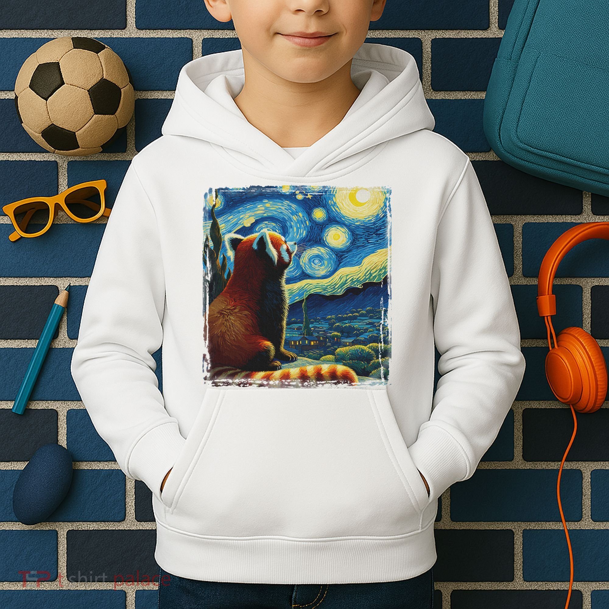 Artistic Red Panda Van Gogh Starry Night Red Panda Kids Hoodie