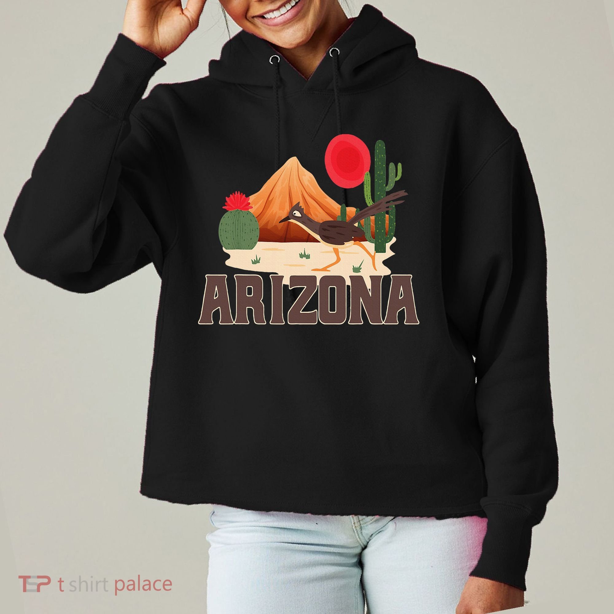 Arizona Roadrunner Retro Boho Desert Cactus Ladies Heavyweight Boxy Pullover Hoodie