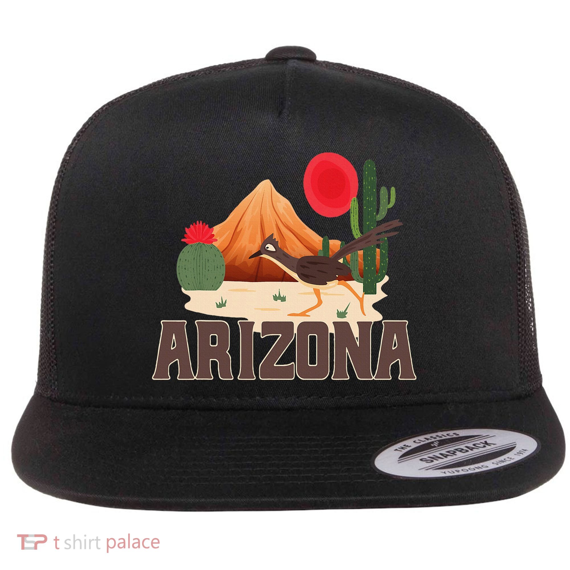 Arizona Roadrunner Retro Boho Desert Cactus Flat Bill Trucker Hat