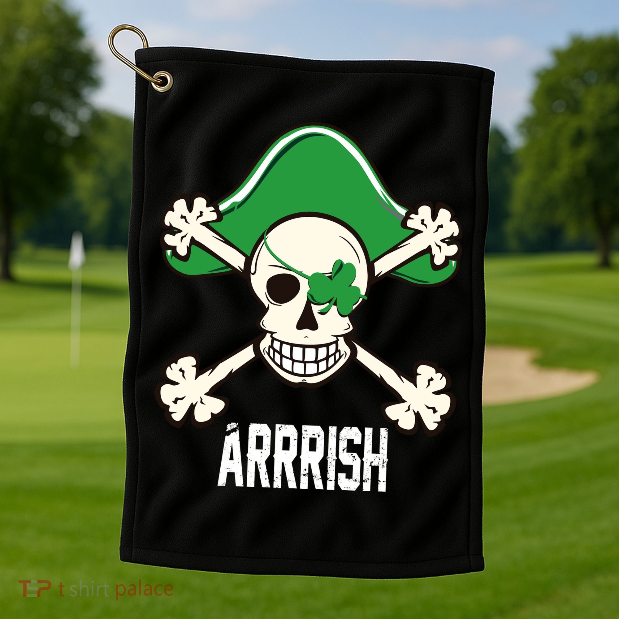 Arrrish Irish Clover skull St Patricks Day Golf Towel
