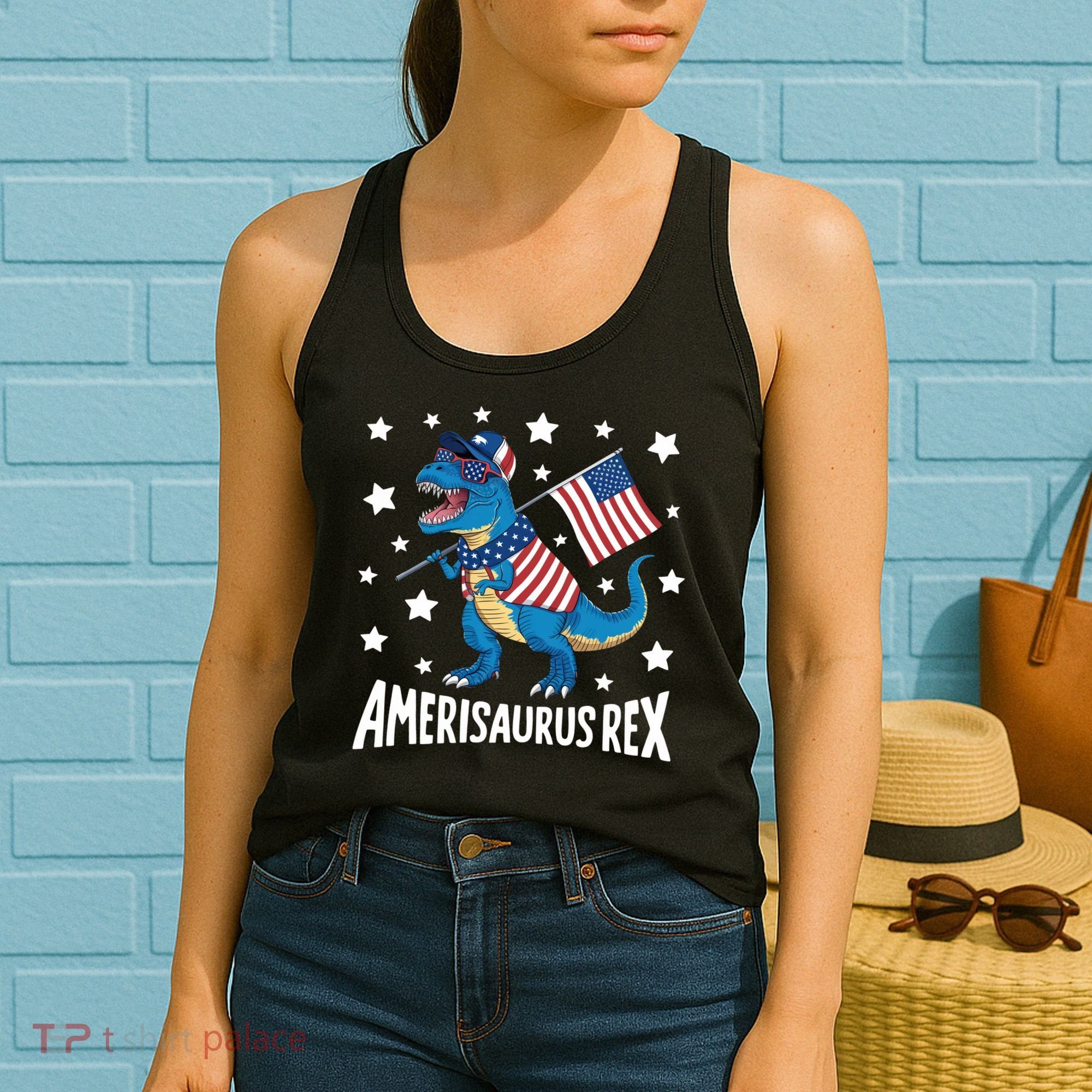 Amerisaurus Rex T Rex Dinosaur American Flag USA 4th Of July Women's Tank Top