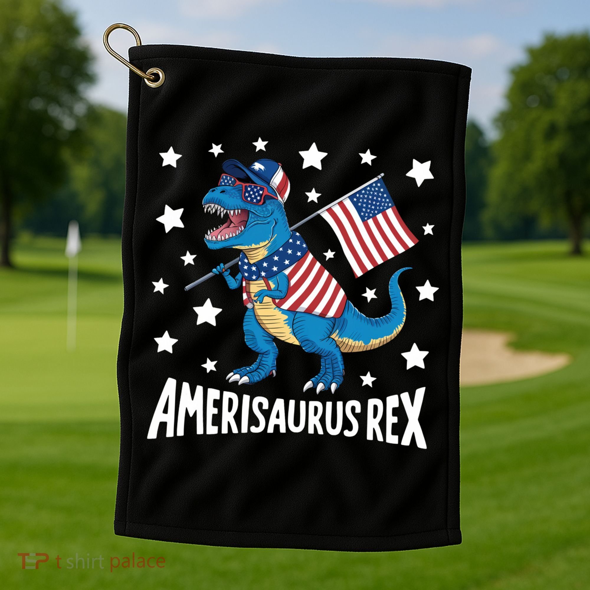 Amerisaurus Rex T Rex Dinosaur American Flag USA 4th Of July Golf Towel