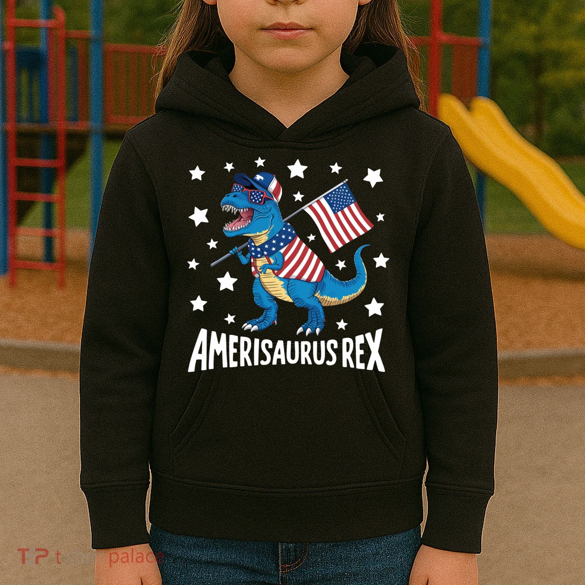 Amerisaurus Rex T Rex Dinosaur American Flag USA 4th Of July Kids Hoodie