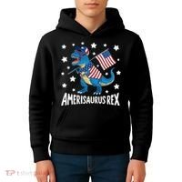 Amerisaurus Rex T Rex Dinosaur American Flag USA 4th Of July Kids Hoodie thumb 4
