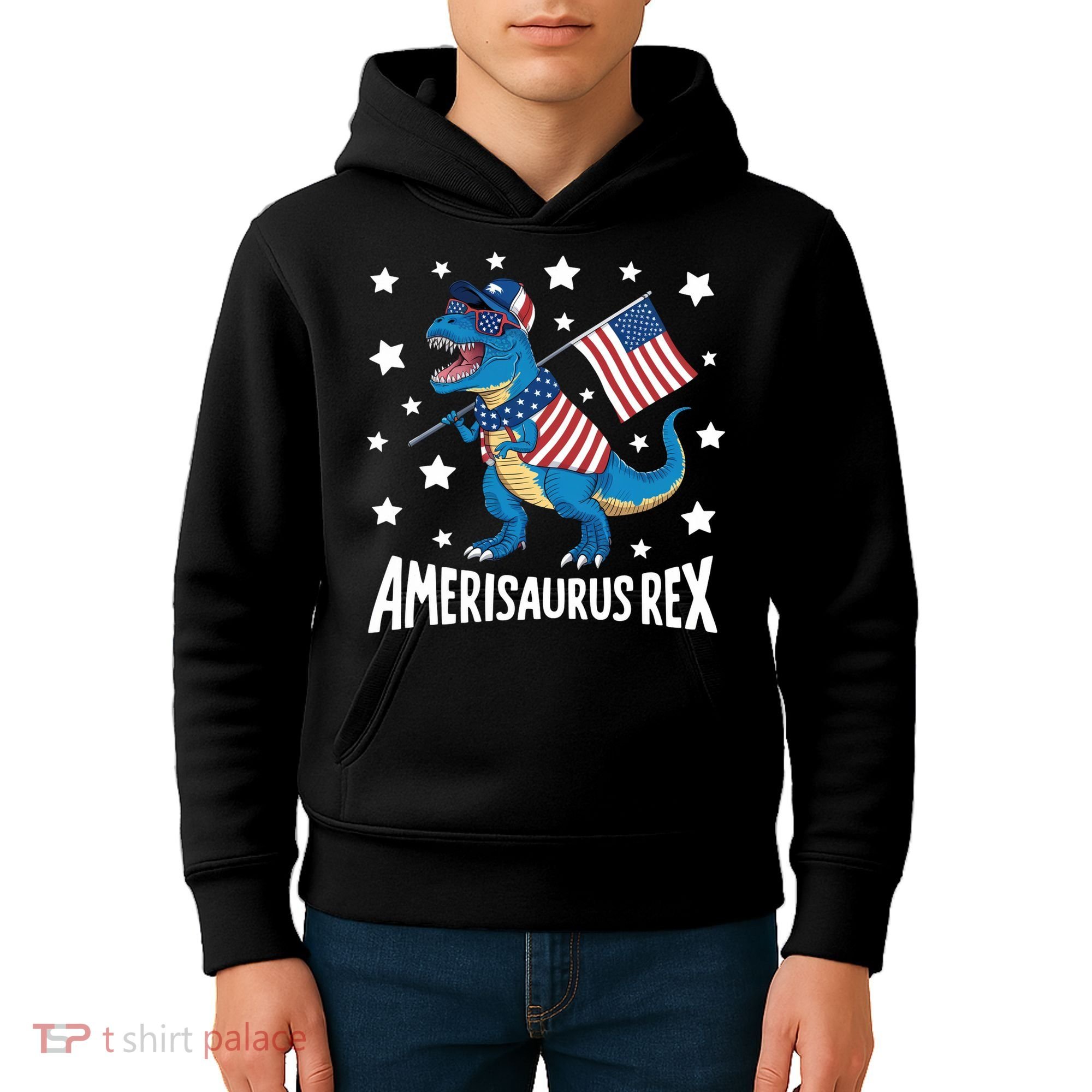 Amerisaurus Rex T Rex Dinosaur American Flag USA 4th Of July Kids Hoodie