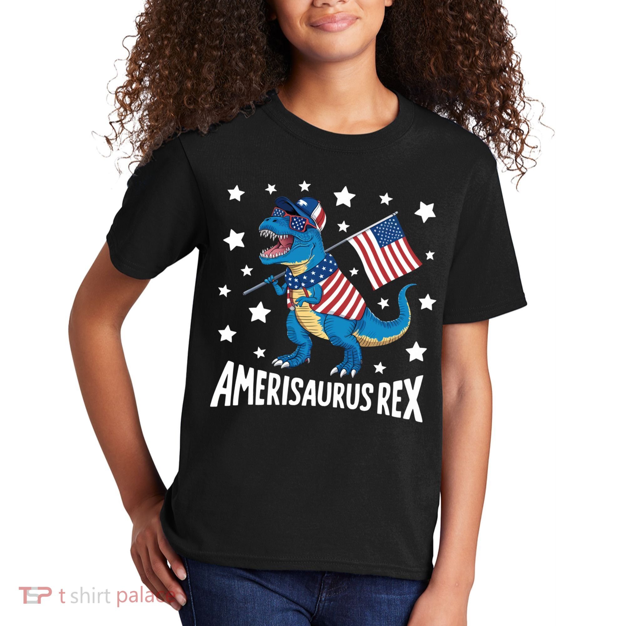 Amerisaurus Rex T Rex Dinosaur American Flag USA 4th Of July Kids T-Shirt