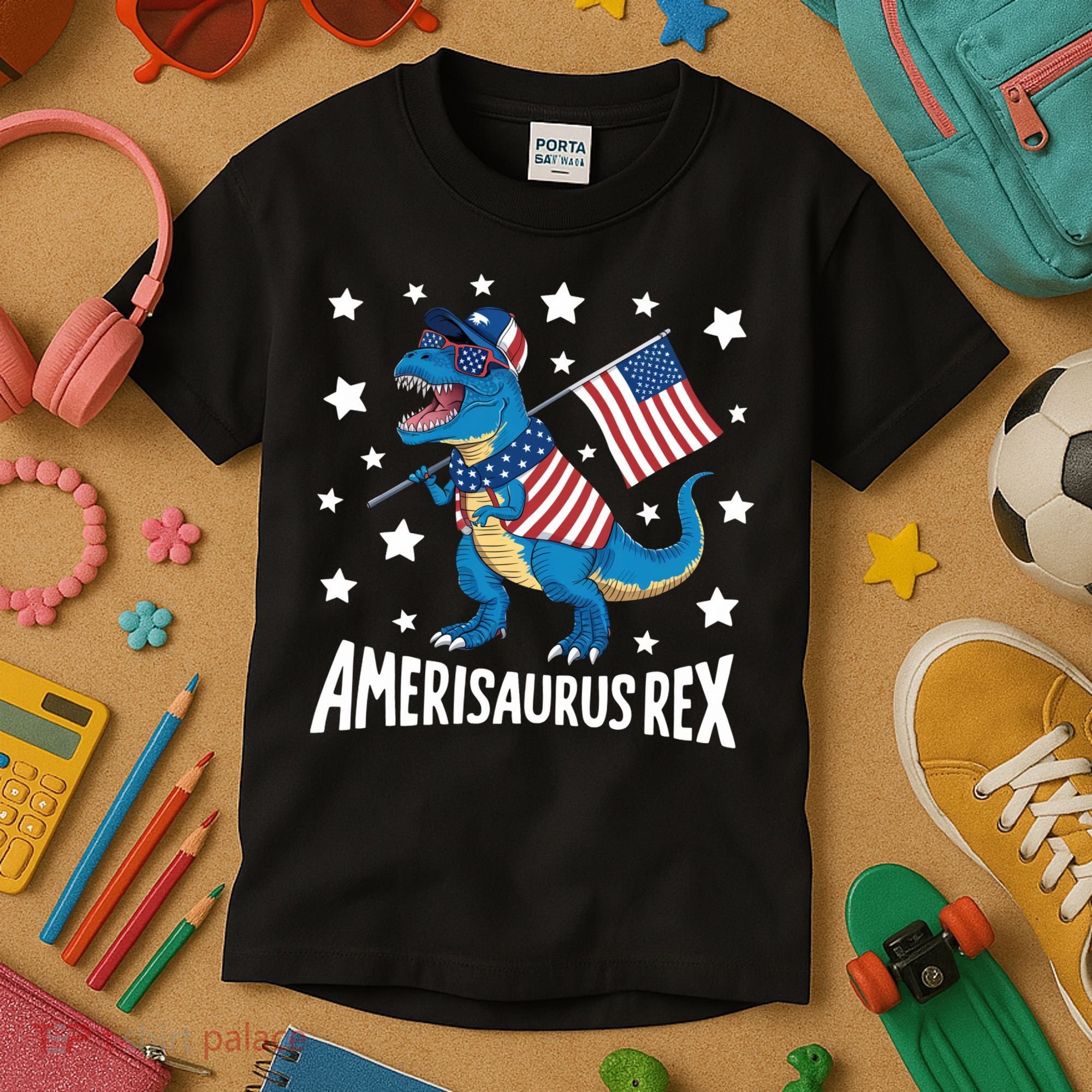 Amerisaurus Rex T Rex Dinosaur American Flag USA 4th Of July Kids T-Shirt