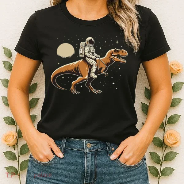 Astronaut Riding T Rex Dinosaur Astro Space Women's T-Shirt