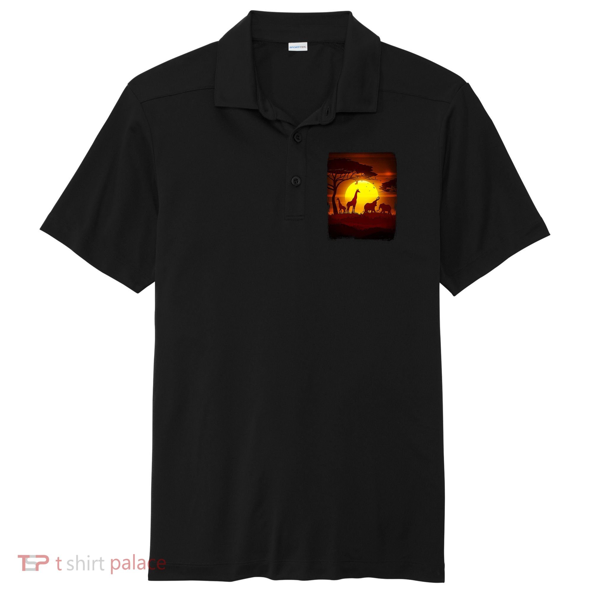 African Safari Animals Sunset Scene Sport-Tek Posi-UV Pro Polo