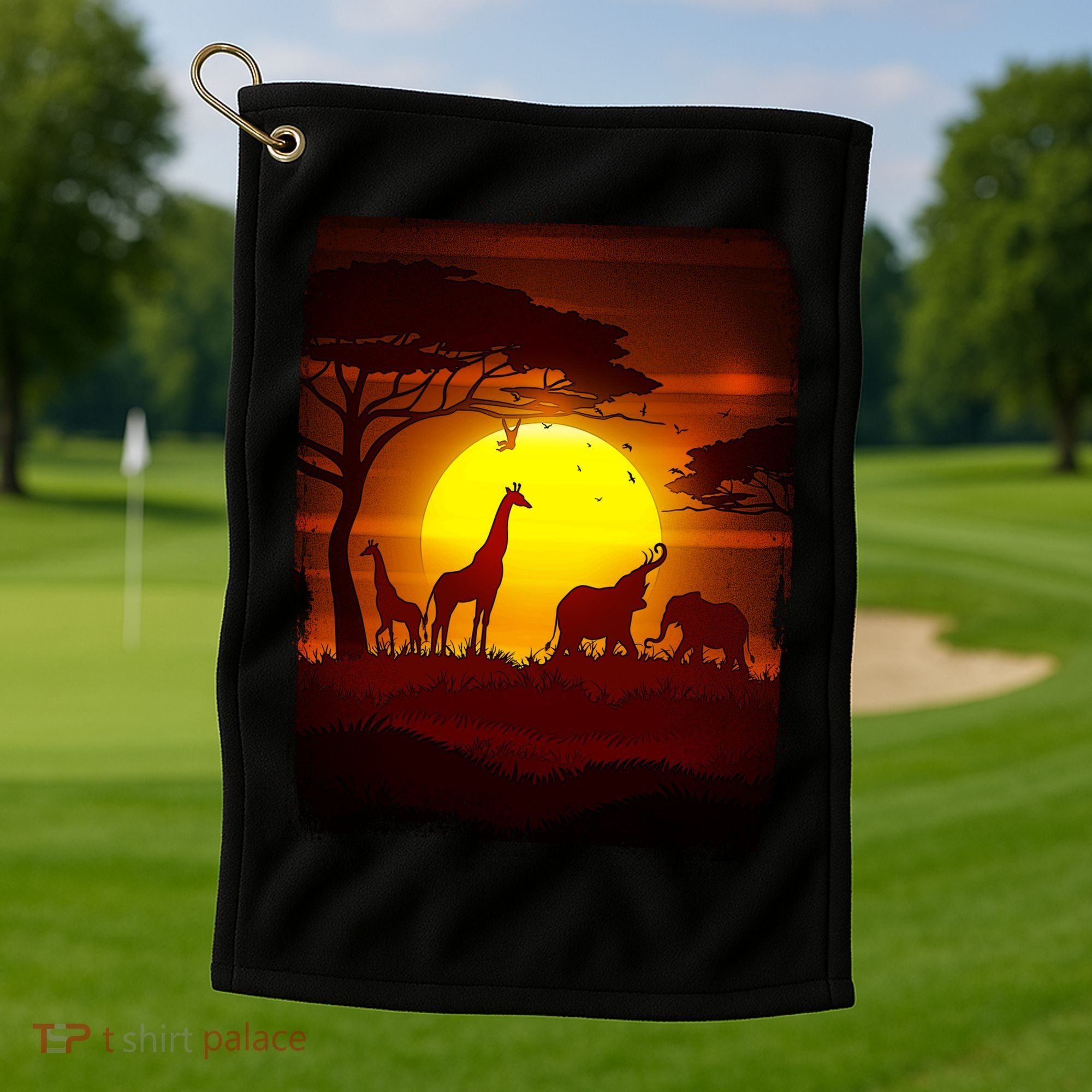 African Safari Animals Sunset Scene Golf Towel