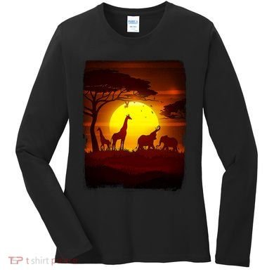 African Safari Animals Sunset Scene Women's Long Sleeve Shirt