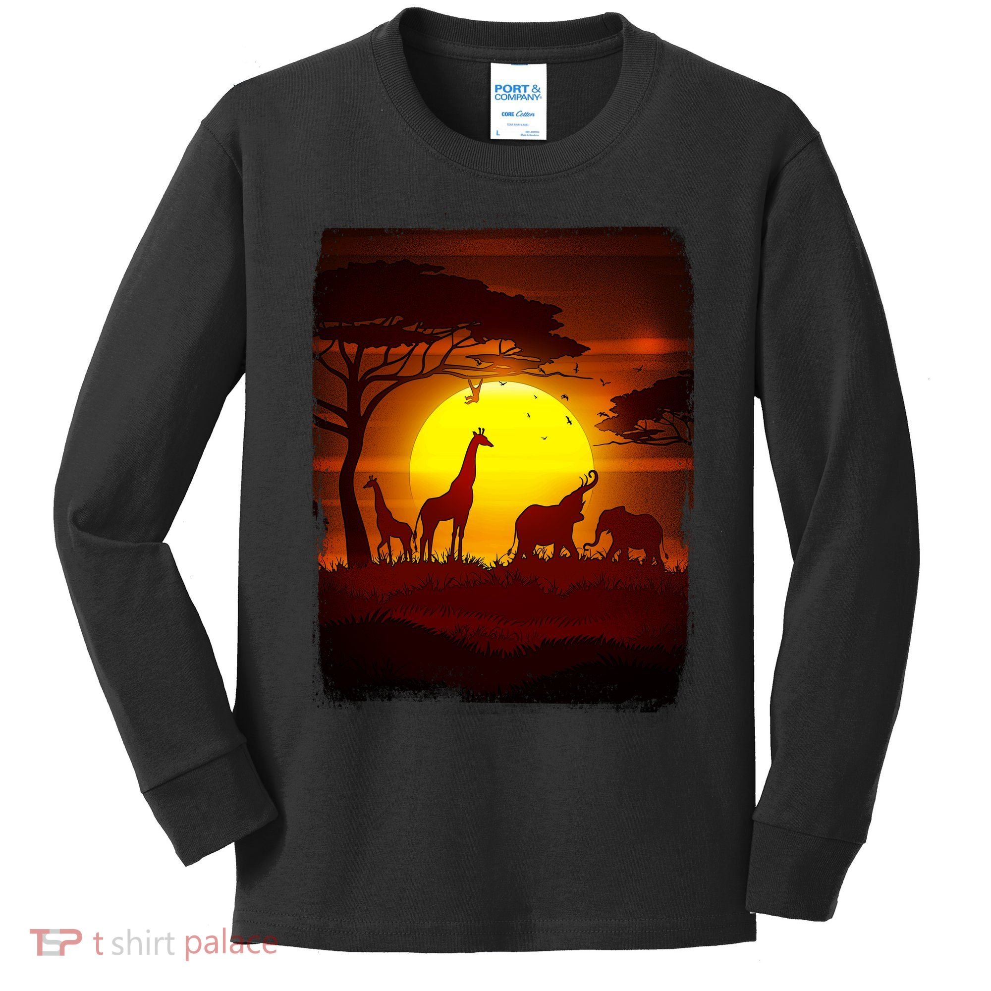 African Safari Animals Sunset Scene Kids Long Sleeve Shirt