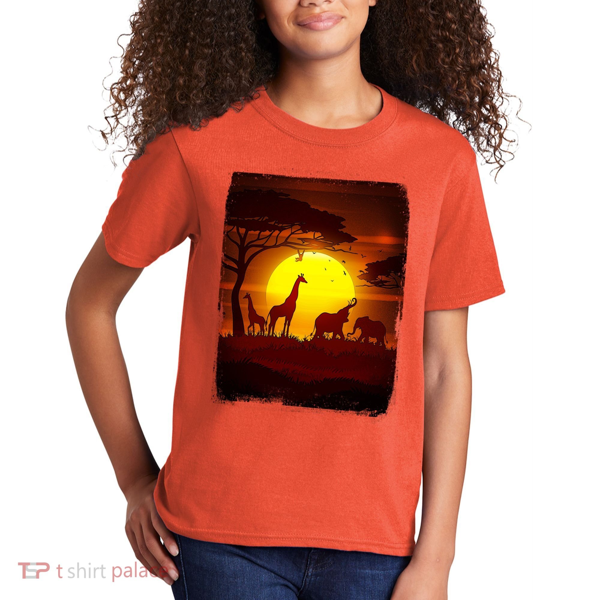 African Safari Animals Sunset Scene Kids T-Shirt