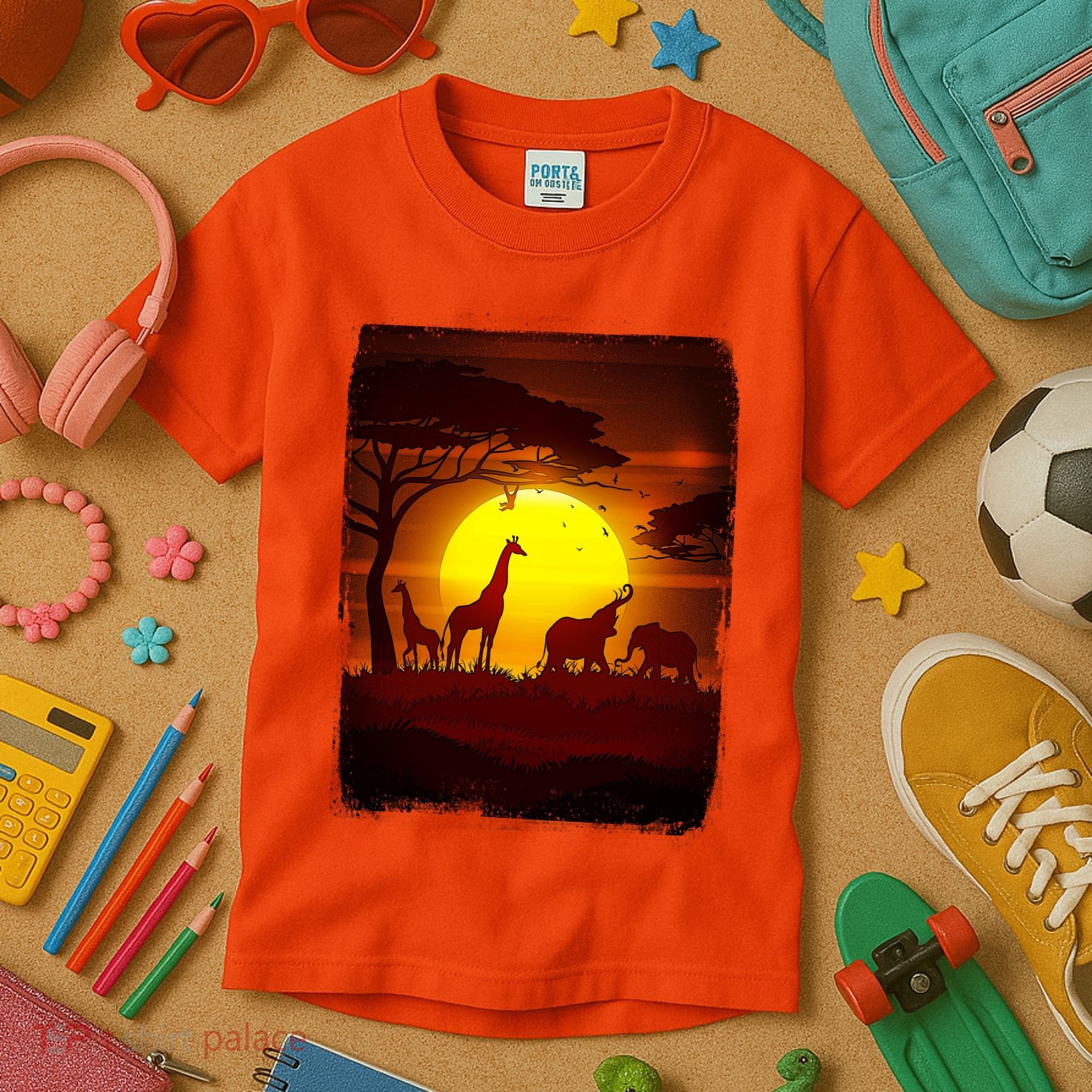 African Safari Animals Sunset Scene Kids T-Shirt