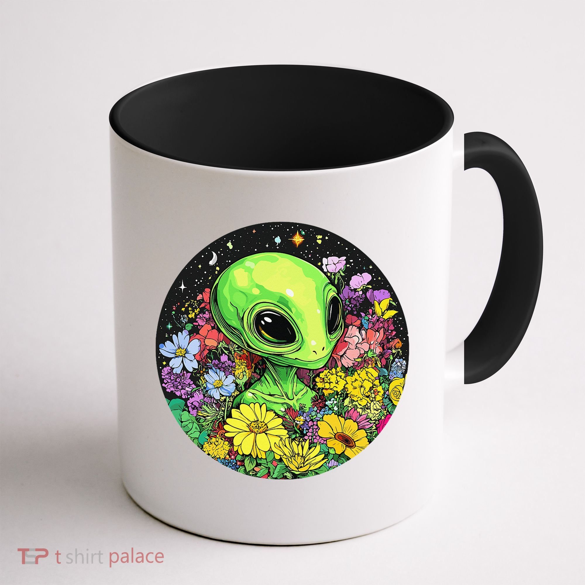 Alien Surrounded By Cosmic Flowers Coffee Mug